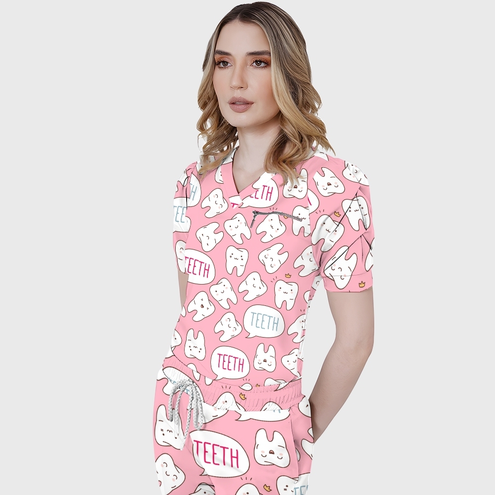 Women's Puff Sleeves Cute Teeth  Printed Scrub Set SAA20