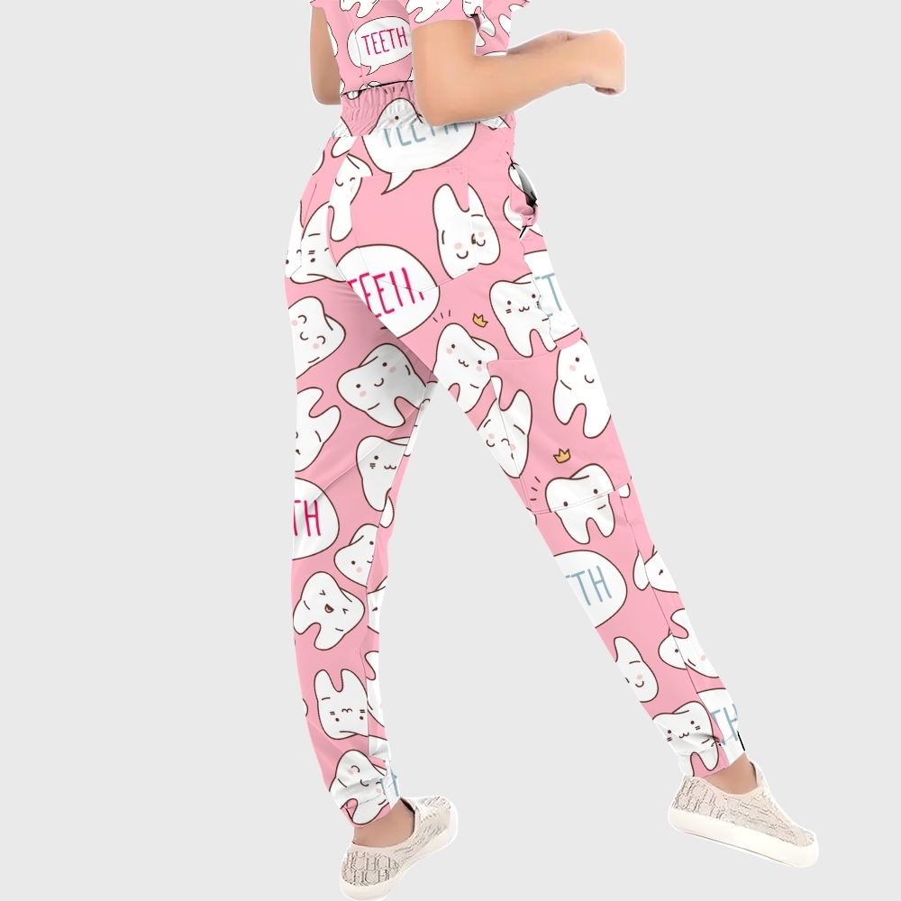 Women's Puff Sleeves Cute Teeth  Printed Scrub Set SAA20