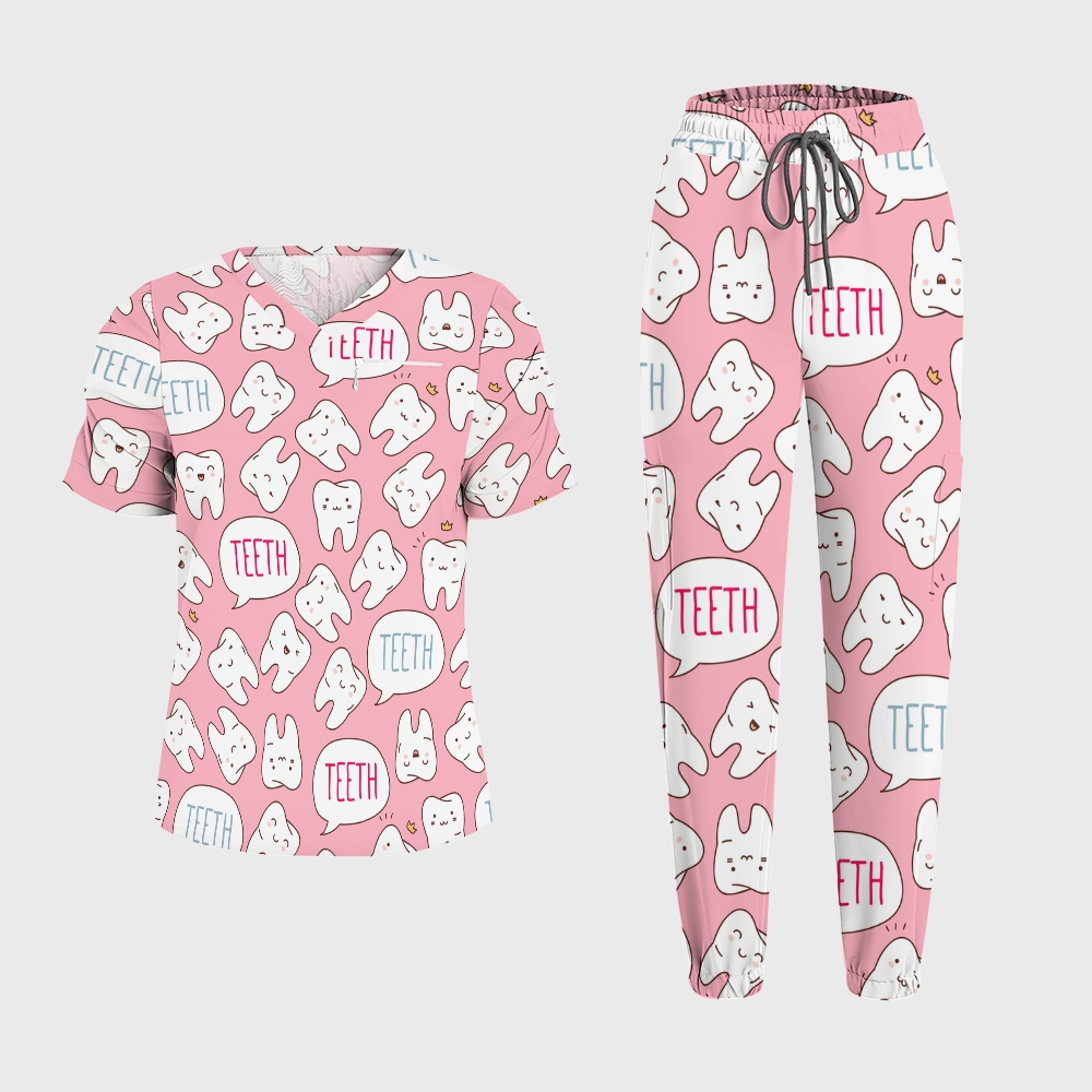 Women's Puff Sleeves Cute Teeth  Printed Scrub Set SAA20