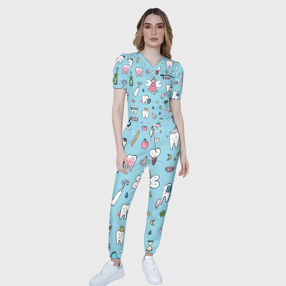 Women's Puff Sleeves Cute Teeth  Printed Scrub Set SAA21
