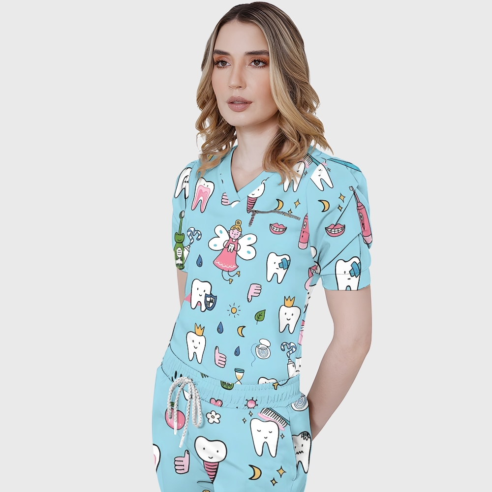 Women's Puff Sleeves Cute Teeth  Printed Scrub Set SAA21