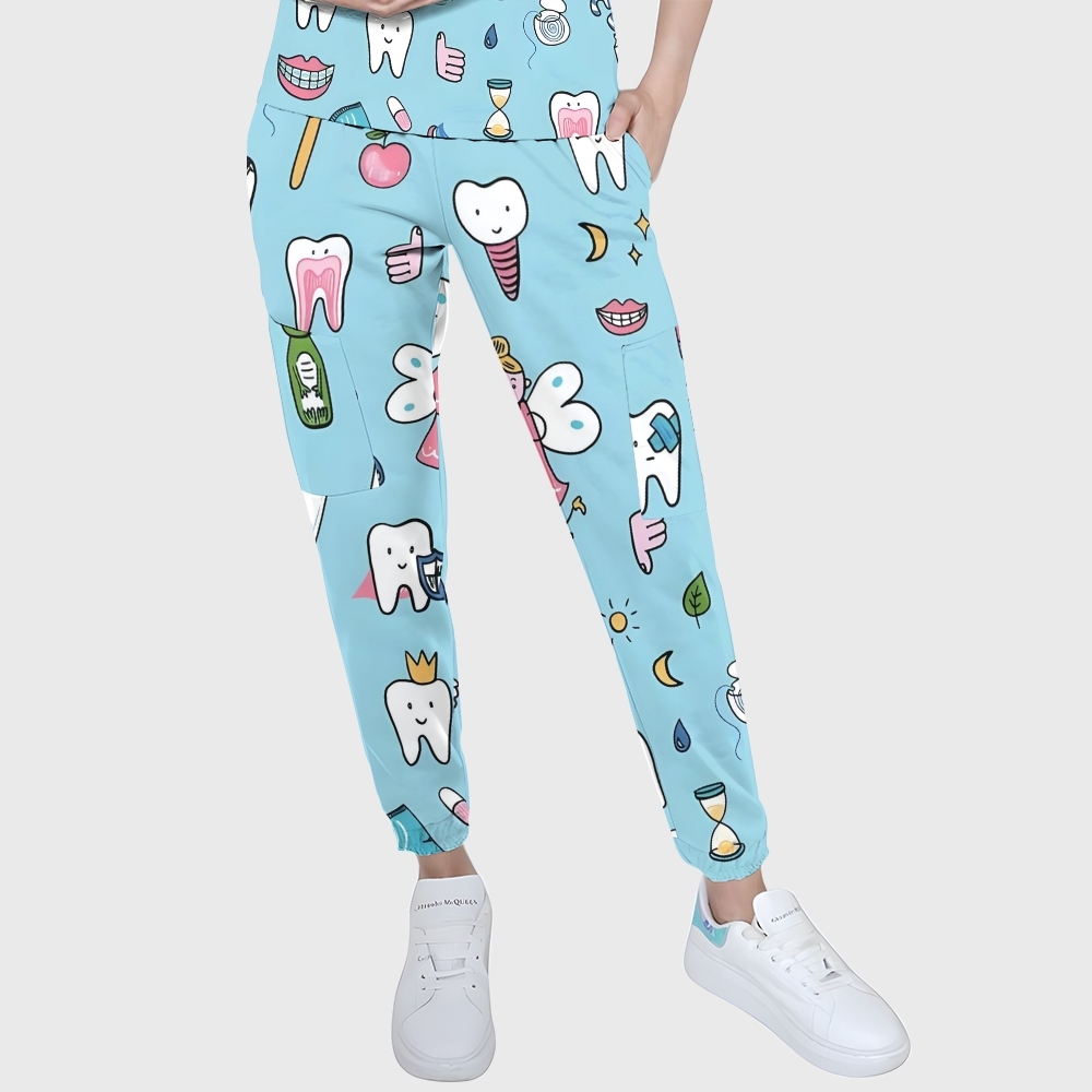 Women's Puff Sleeves Cute Teeth  Printed Scrub Set SAA21