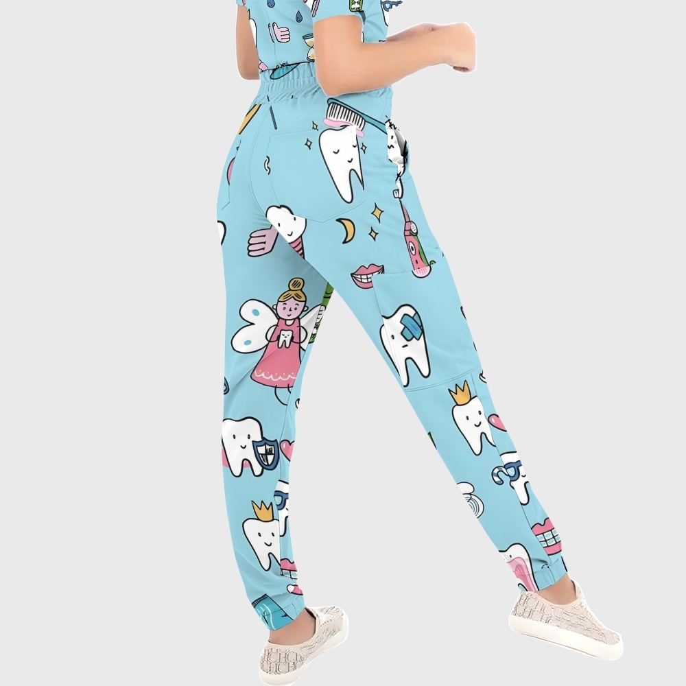 Women's Puff Sleeves Cute Teeth  Printed Scrub Set SAA21
