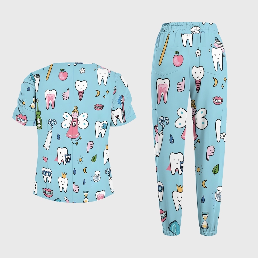 Women's Puff Sleeves Cute Teeth  Printed Scrub Set SAA21