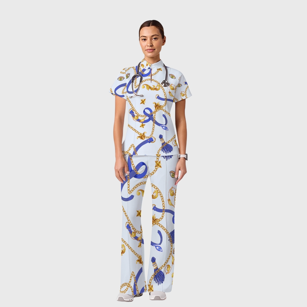 Women's Casual Shirt Collar Metal Chain Printed Scrub Set ST9121