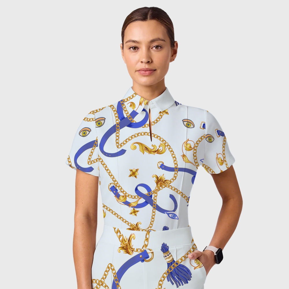 Women's Casual Shirt Collar Metal Chain Printed Scrub Set ST9121