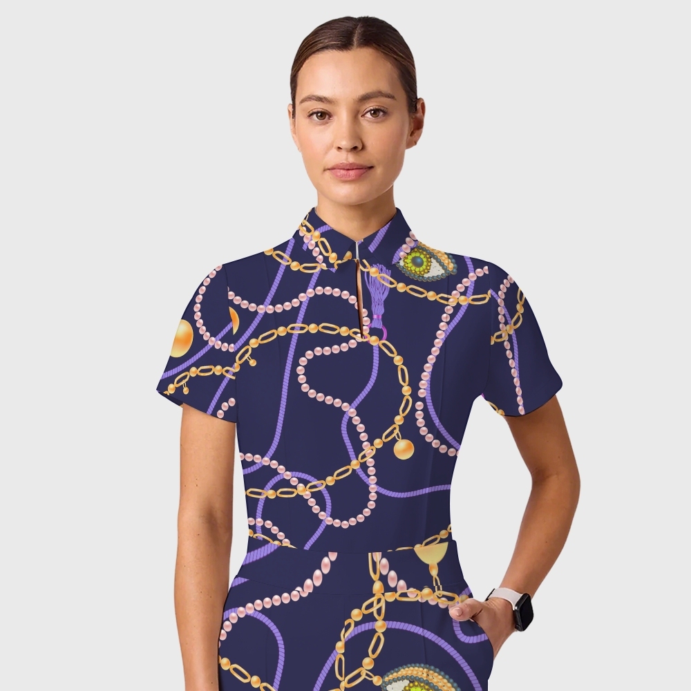 Women's Casual Shirt Collar Metal Chain Printed Scrub Set ST9122