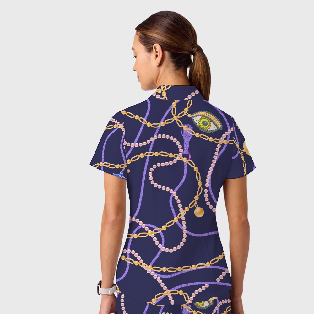 Women's Casual Shirt Collar Metal Chain Printed Scrub Set ST9122