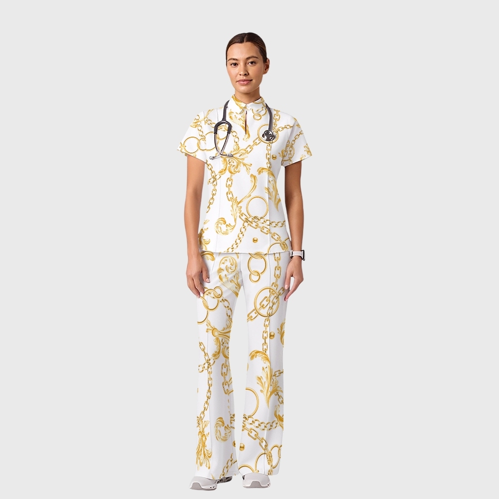 Women's Casual Shirt Collar Metal Chain Printed Scrub Set ST9124