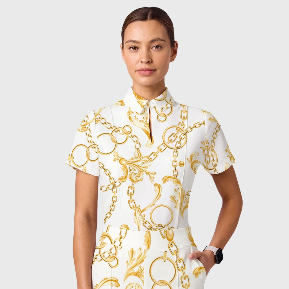 Women's Casual Shirt Collar Metal Chain Printed Scrub Set ST9124