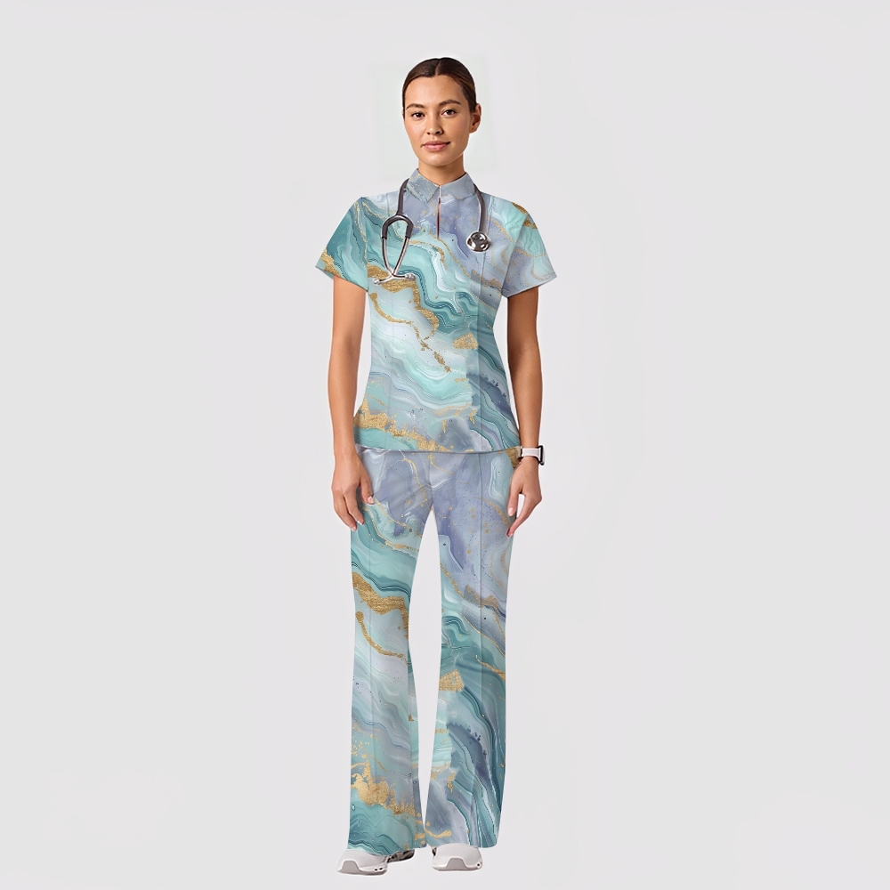 Women's Casual Shirt Collar Marble Printed Scrub Set ST9125