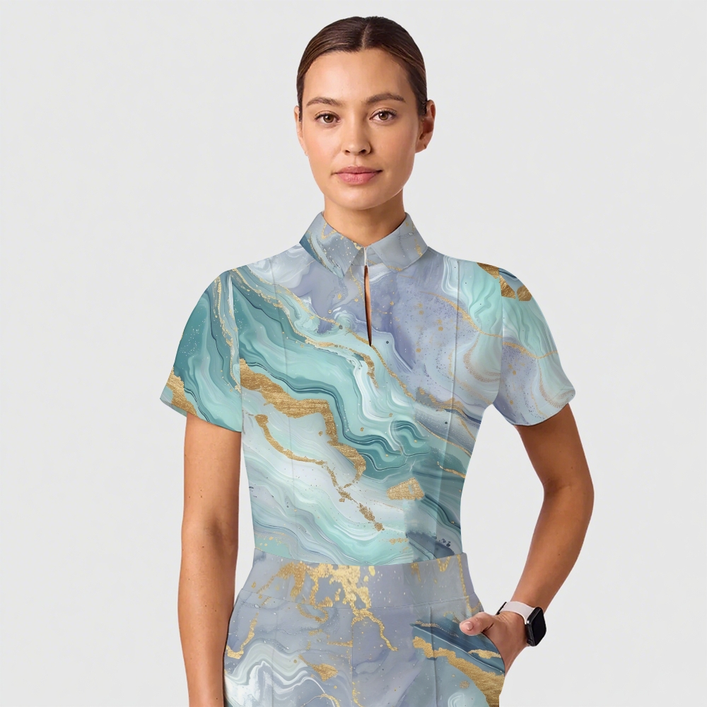 Women's Casual Shirt Collar Marble Printed Scrub Set ST9125