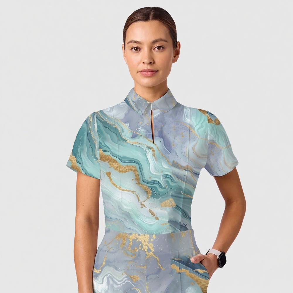 Women's Casual Shirt Collar Marble Printed Scrub Set ST9125