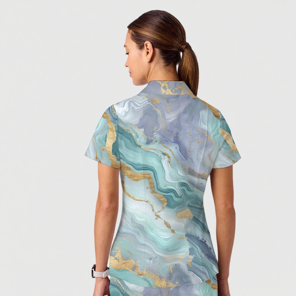 Women's Casual Shirt Collar Marble Printed Scrub Set ST9125