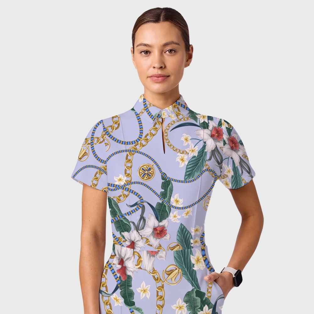 Women's Casual Shirt Collar Metal Chain Printed Scrub Set ST9126