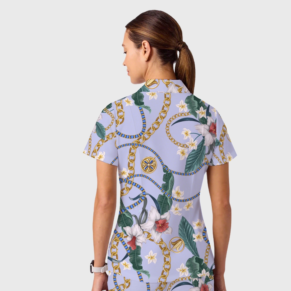 Women's Casual Shirt Collar Metal Chain Printed Scrub Set ST9126