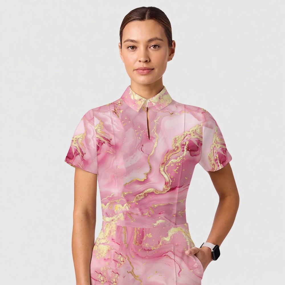 Women's Casual Shirt Collar Marble Printed Scrub Set ST9127