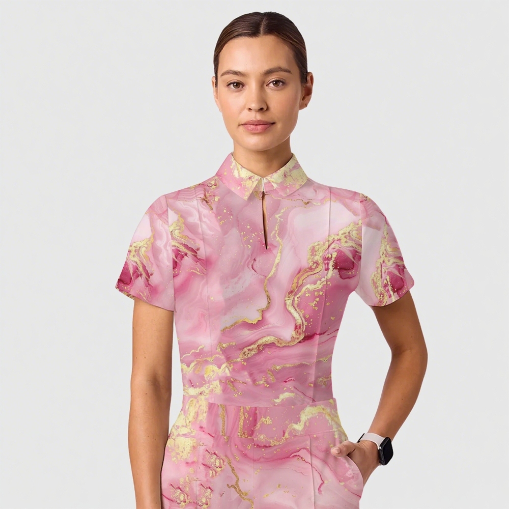 Women's Casual Shirt Collar Marble Printed Scrub Set ST9127