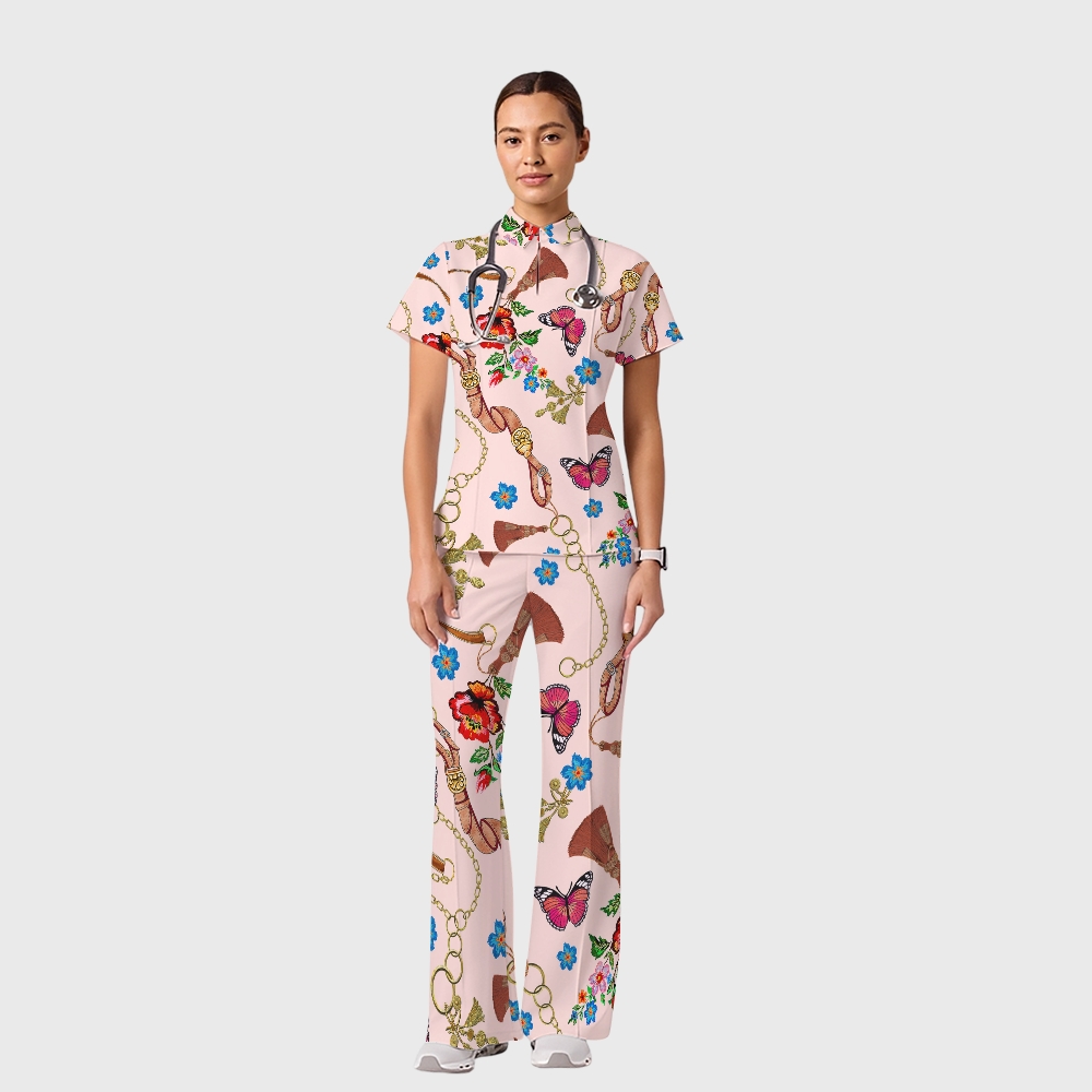 Women's Casual Shirt Collar Metal Chain Printed Scrub Set ST9128