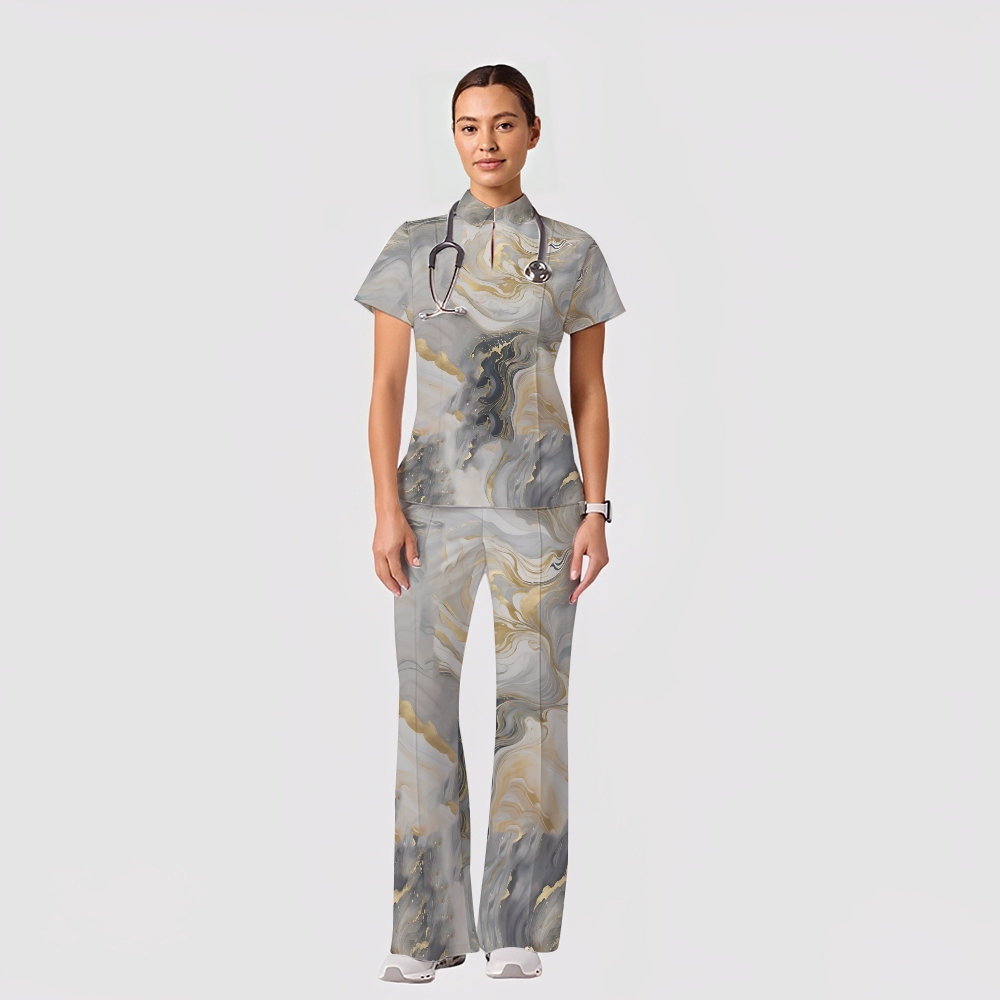 Women's Casual Shirt Collar Marble Printed Scrub Set ST9129