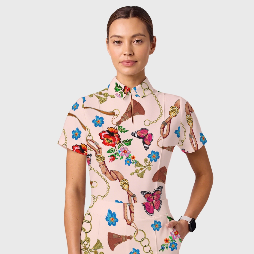 Women's Casual Shirt Collar Metal Chain Printed Scrub Set ST9128