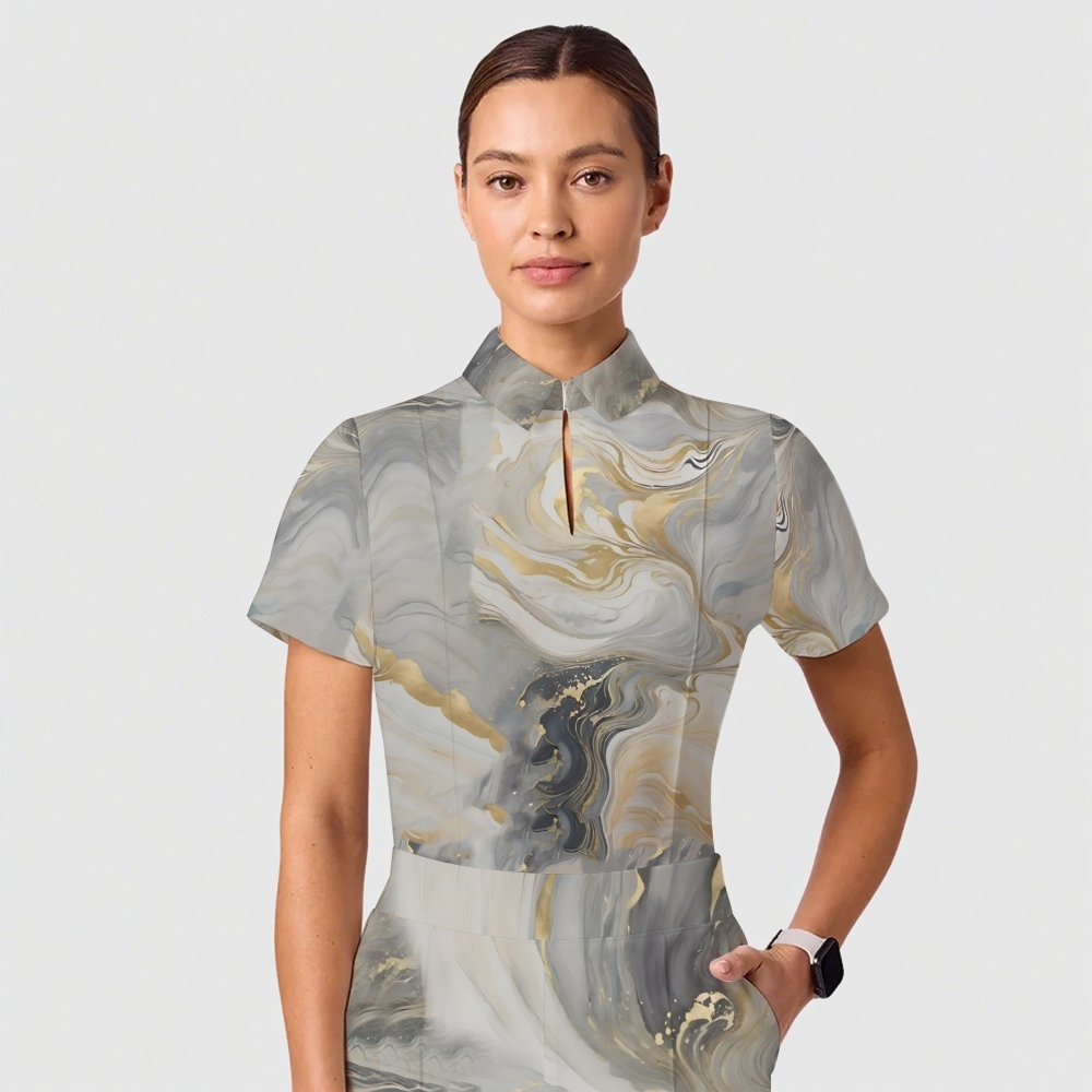 Women's Casual Shirt Collar Marble Printed Scrub Set ST9129