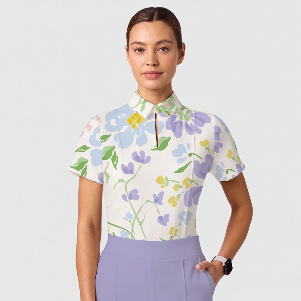 Women's Casual Shirt Collar Flower Printed Scrub Set ST91213