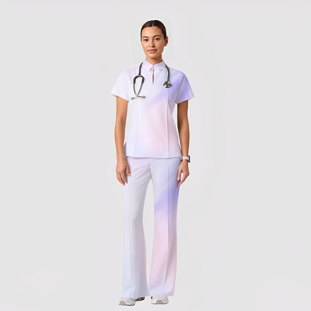 Women's Casual Shirt Collar Gradient Printed Scrub Set ST91215