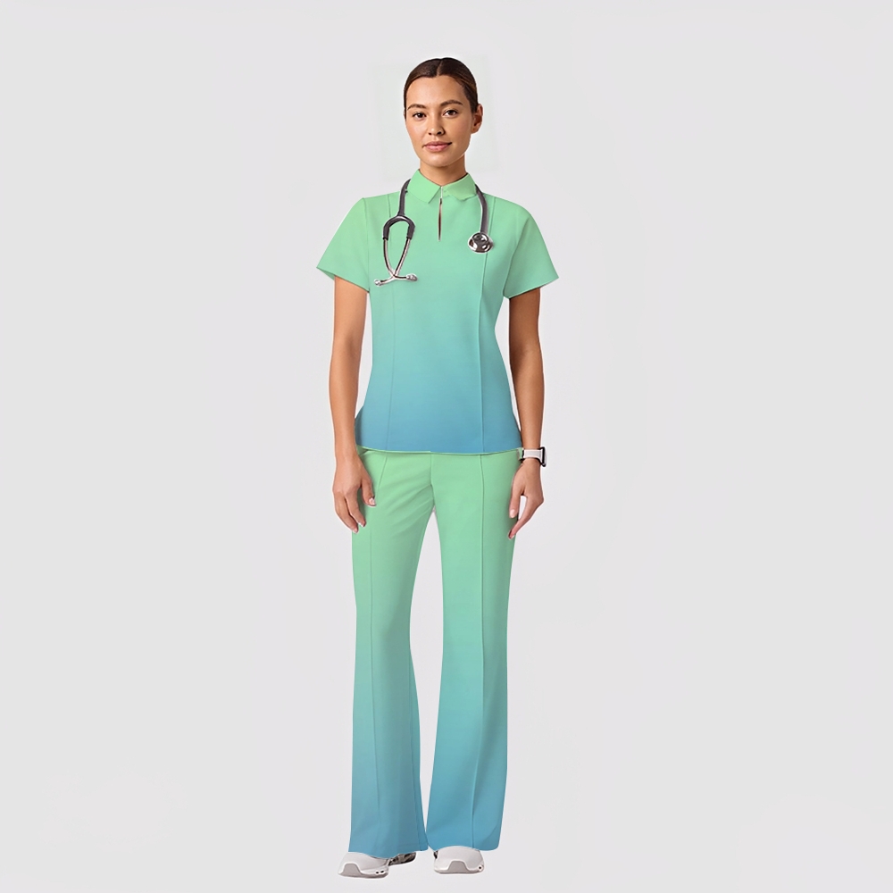 Women's Casual Shirt Collar Gradient Printed Scrub Set ST91216