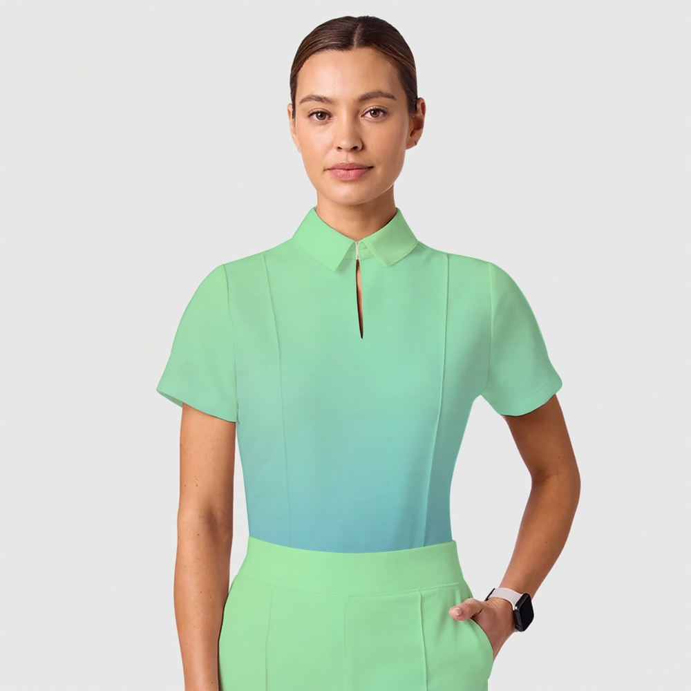 Women's Casual Shirt Collar Gradient Printed Scrub Set ST91216