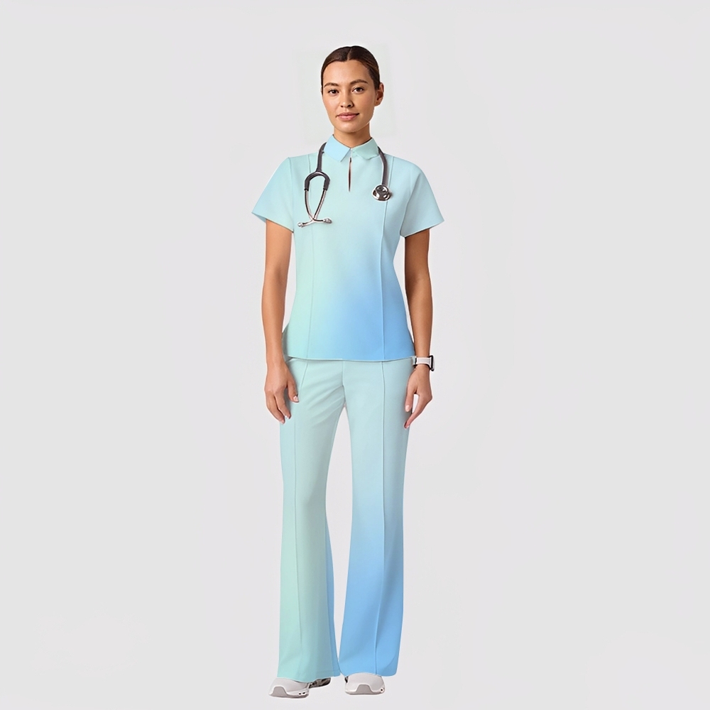 Women's Casual Shirt Collar Gradient Printed Scrub Set ST91217