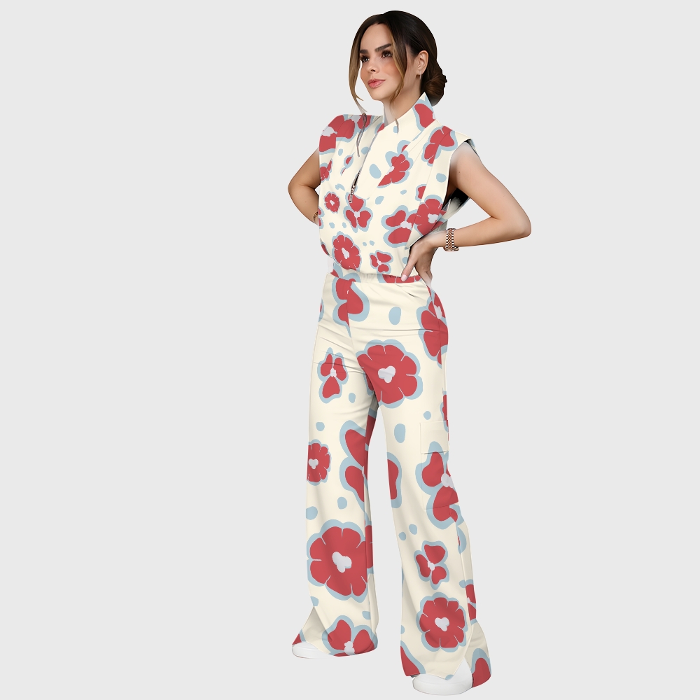 Women's Stand-Up Tie Zipper Floral Printed Scrub Set SF9121