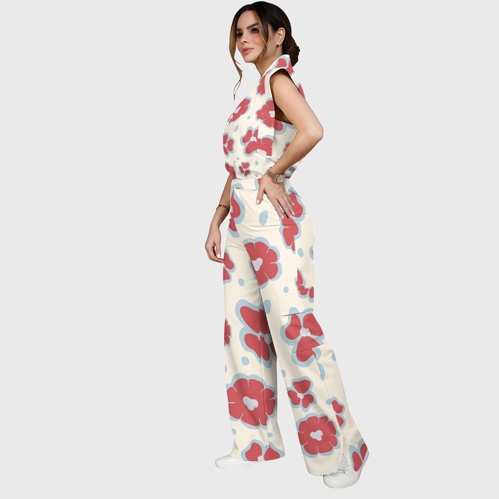Women's Stand-Up Tie Zipper Floral Printed Scrub Set SF9121