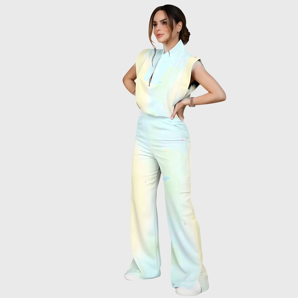 Women's Stand-Up Tie Zipper Gradient Printed Scrub Set SF91210