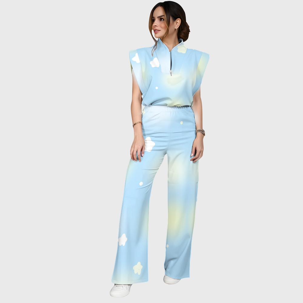 Women's Stand-Up Tie Zipper Gradient Printed Scrub Set SF91211