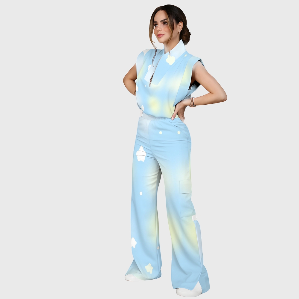 Women's Stand-Up Tie Zipper Gradient Printed Scrub Set SF91211