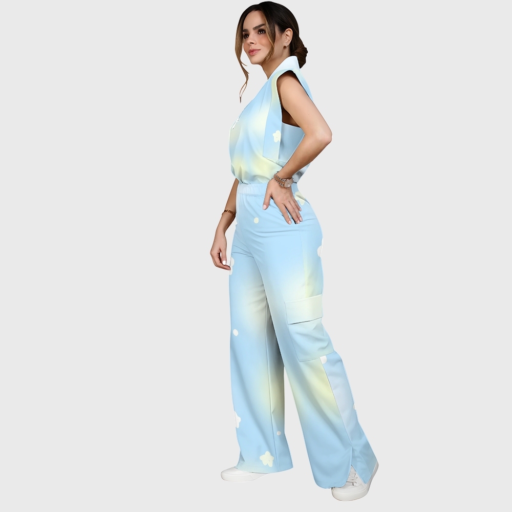 Women's Stand-Up Tie Zipper Gradient Printed Scrub Set SF91211