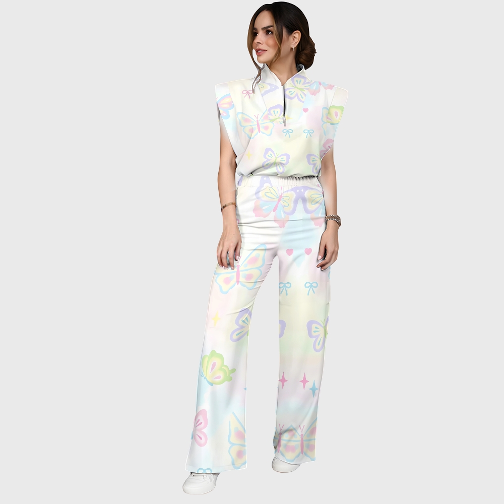Women's Stand-Up Tie Zipper Gradient Printed Scrub Set SF91212