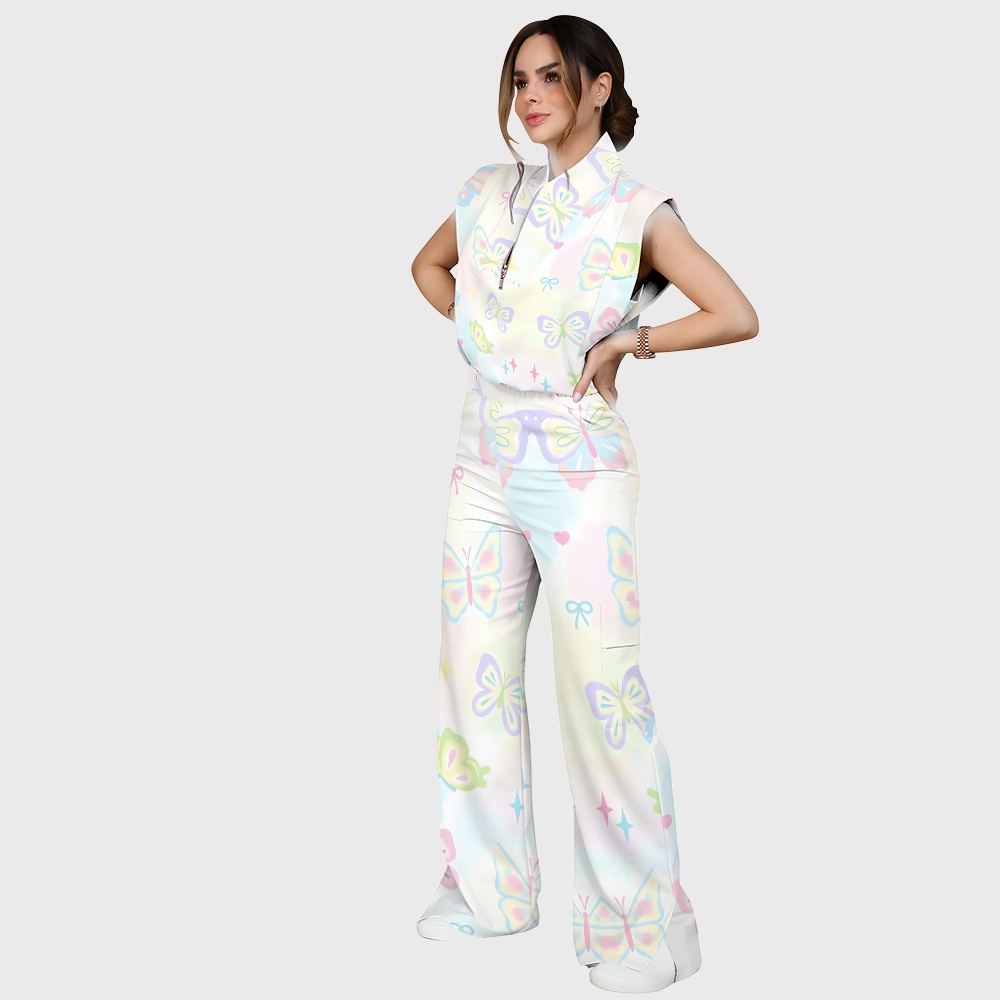 Women's Stand-Up Tie Zipper Gradient Printed Scrub Set SF91212