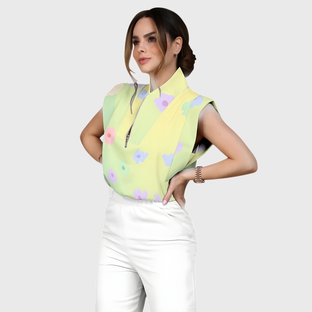 Women's Stand-Up Tie Zipper Gradient Printed Scrub Set SF91213