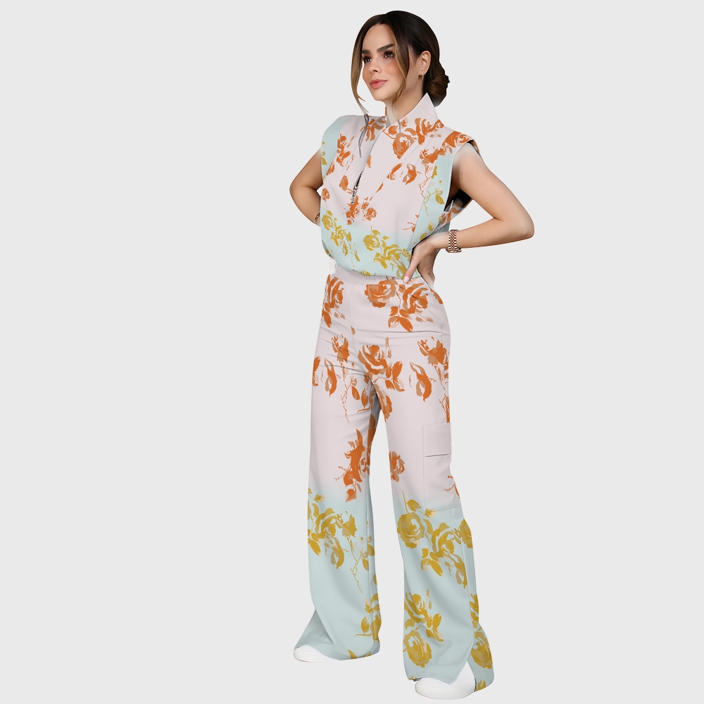 Women's Stand-Up Tie Zipper Gradient Printed Scrub Set SF91214