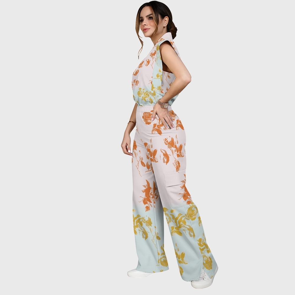 Women's Stand-Up Tie Zipper Gradient Printed Scrub Set SF91214