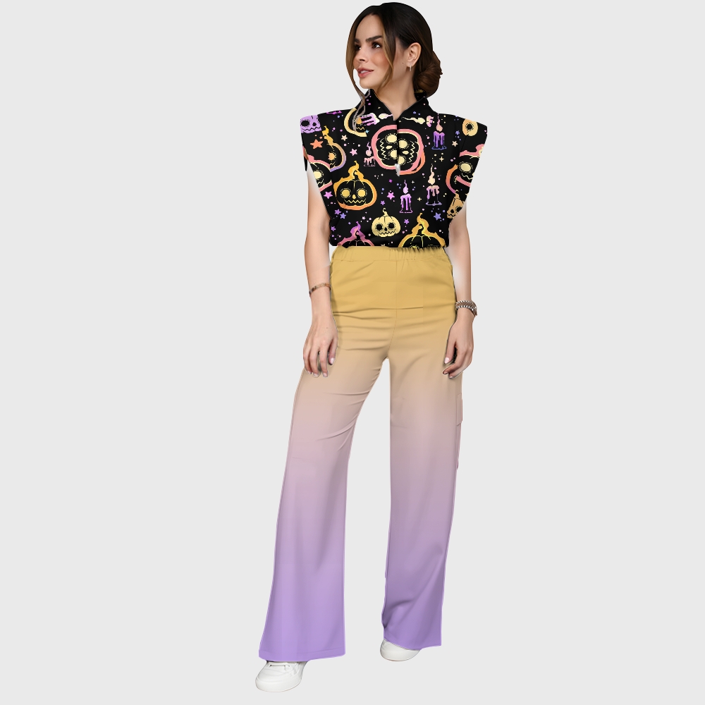 Women's Stand-Up Tie Zipper Halloween Printed Scrub Set SF91215