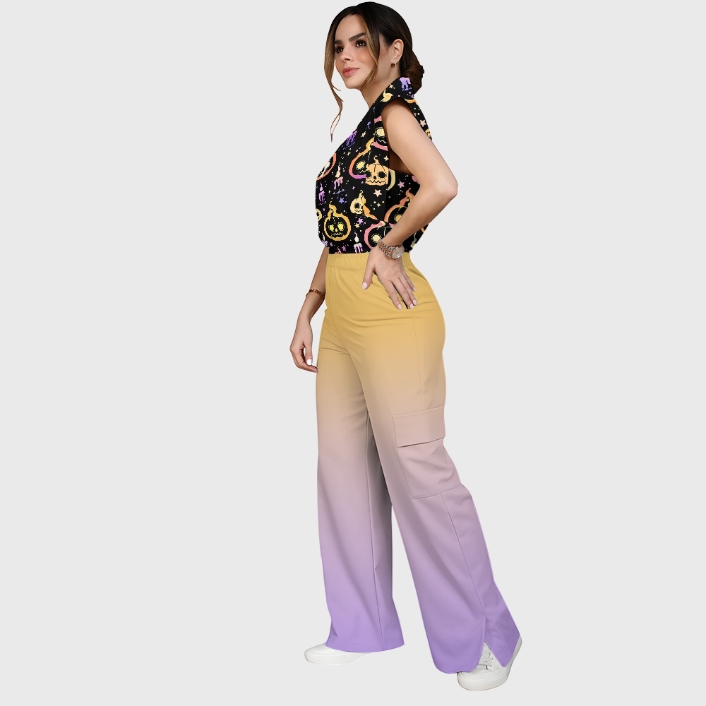 Women's Stand-Up Tie Zipper Halloween Printed Scrub Set SF91215