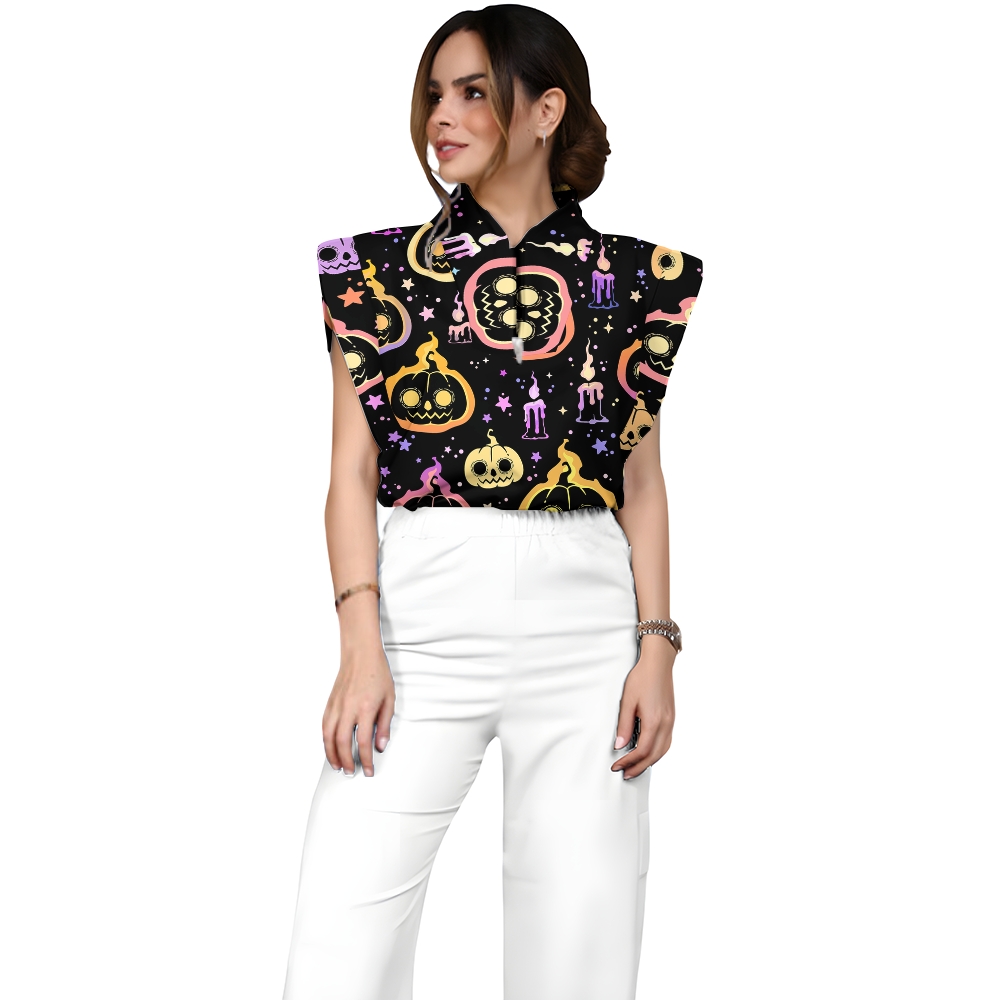 Women's Stand-Up Tie Zipper Halloween Printed Scrub Set SF91215