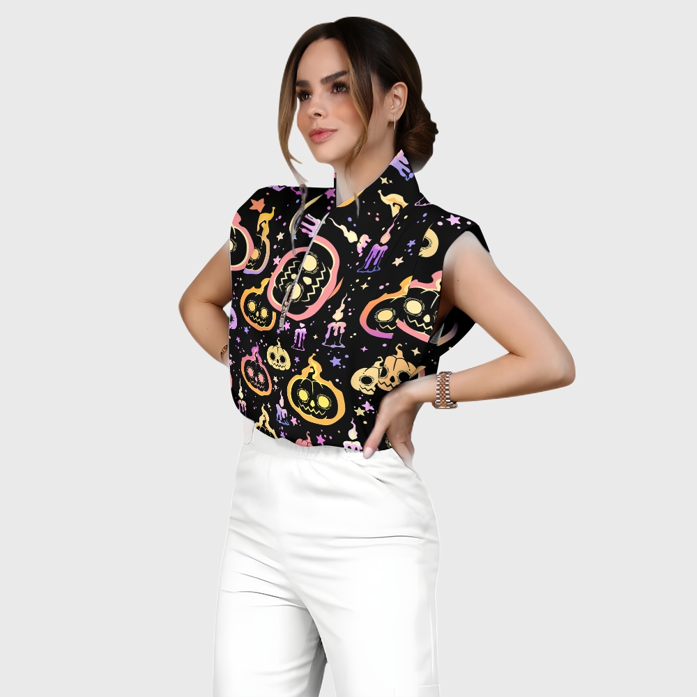 Women's Stand-Up Tie Zipper Halloween Printed Scrub Set SF91215