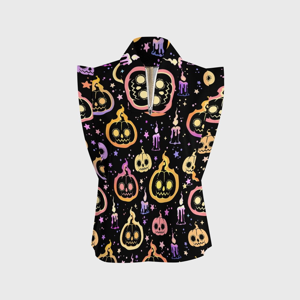 Women's Stand-Up Tie Zipper Halloween Printed Scrub Set SF91215