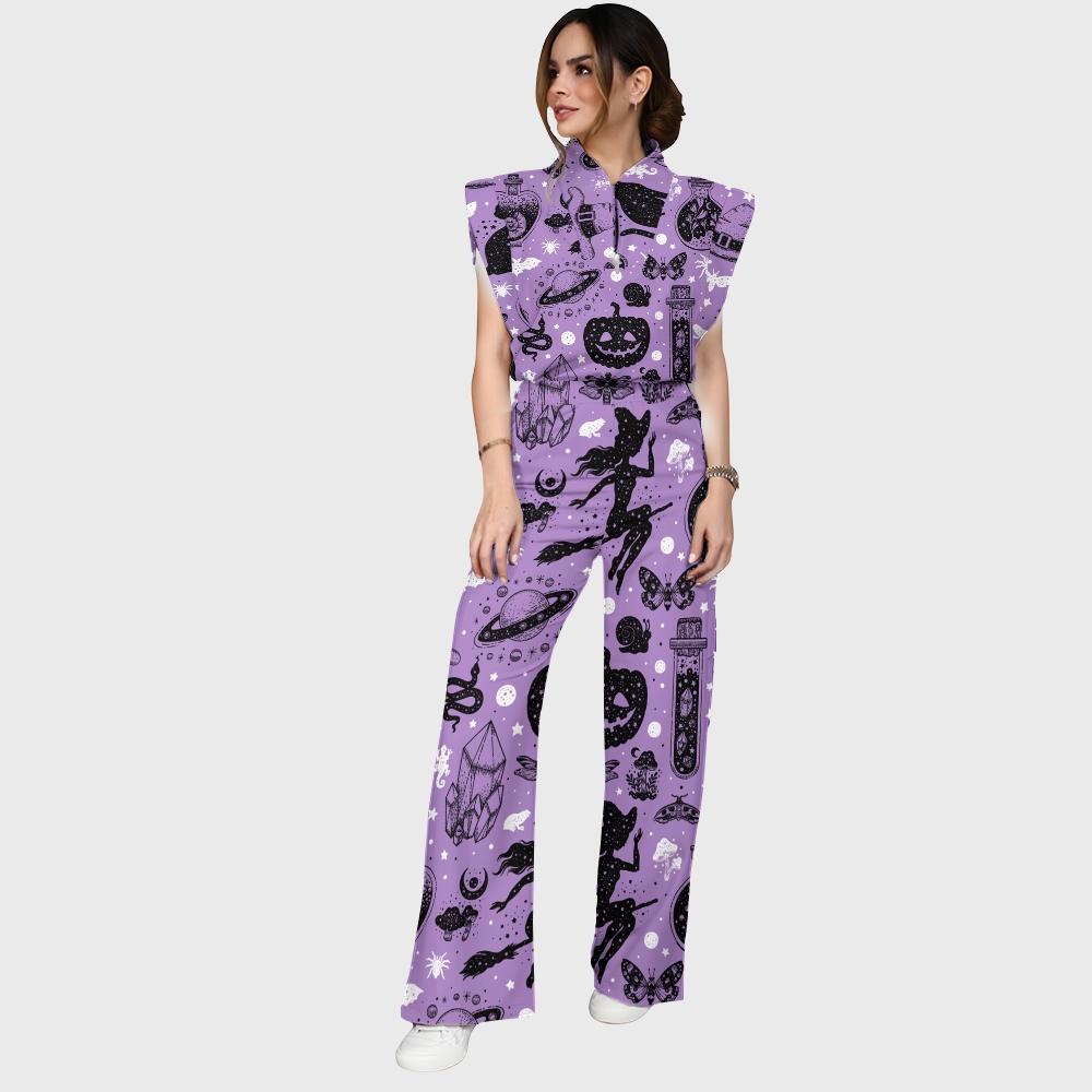 Women's Stand-Up Tie Zipper Halloween Printed Scrub Set SF91216