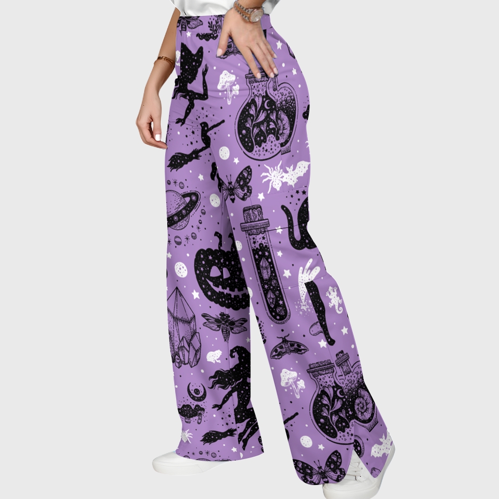 Women's Stand-Up Tie Zipper Halloween Printed Scrub Set SF91216