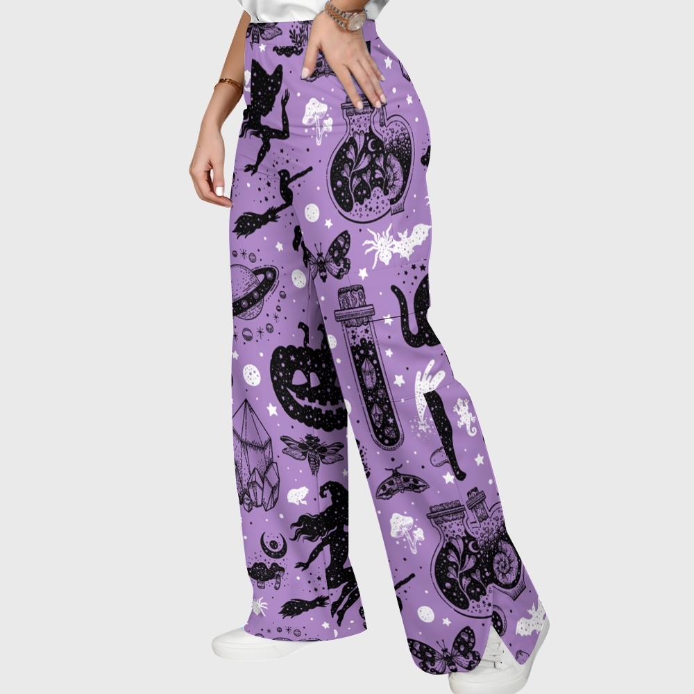Women's Stand-Up Tie Zipper Halloween Printed Scrub Set SF91216